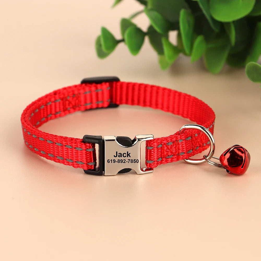 Personalized Cat Collar Reflective Nylon Dog Cats ID Collars With Bell Free Engraving for Cats Small Dogs Chihuahua 10 Colors